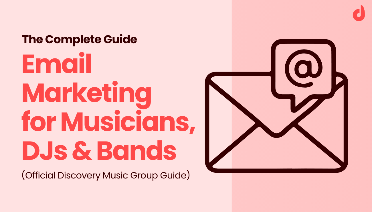 Illustration of an open envelope with an at symbol, representing email marketing for musicians