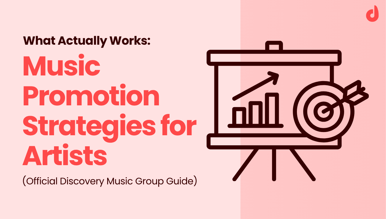 Illustration of a presentation board showing a bar chart with an upward arrow and a target with arrows, representing music promotion strategy